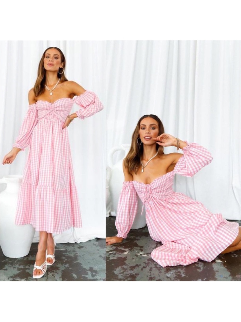 Hello Molly Kiss Me At Sunset Gingham Pink Midi Dress M Medium Off-The-Shoulder